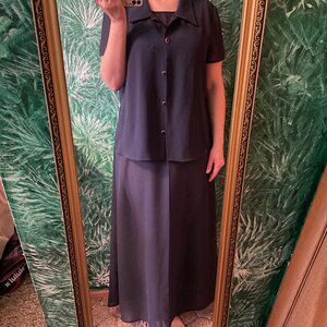 Blue Tank Top Maxi Dress with Wide straps + blouse with embroidery detail, sheer